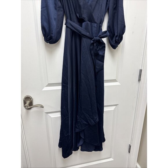 New DKNY Size 4 Navy Blue Balloon-3/4 Sleeve Faux-Wrap Gown Midi Dress Belted - Picture 4 of 11